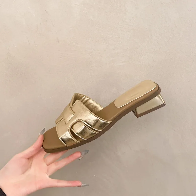 Chunky Slippers Women 2025 Summer New Square Head High Heels Europe and The United States Casual Fashion Slippers Women's Shoes