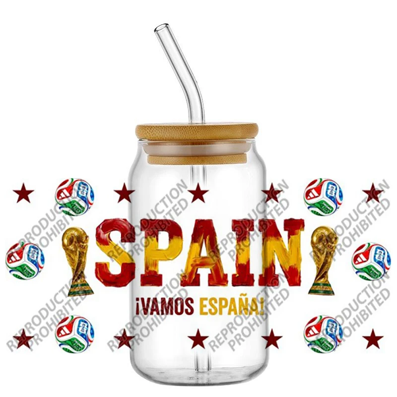 Soccer Fan UV DTF Wraps, Country Team Color & Trophy Style Stickers for 16oz Glass Cans, Waterproof DIY Transfer Decals