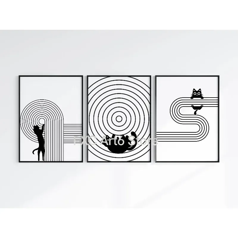 3pcs frameless -2D Flat/2D Flat/Set of  Featuring a Black Cat Design/Bauhaus Style Wall Art/Perfect for Game Room