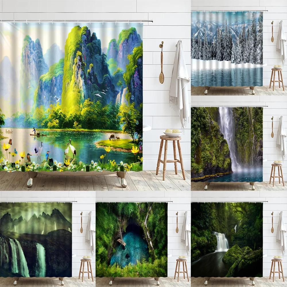 

Mountain Waterfall Shower Curtain Lake Pool Crane Flower Bird Nature Landscape Scenery Bathroom Decor Bath Curtains with Hooks