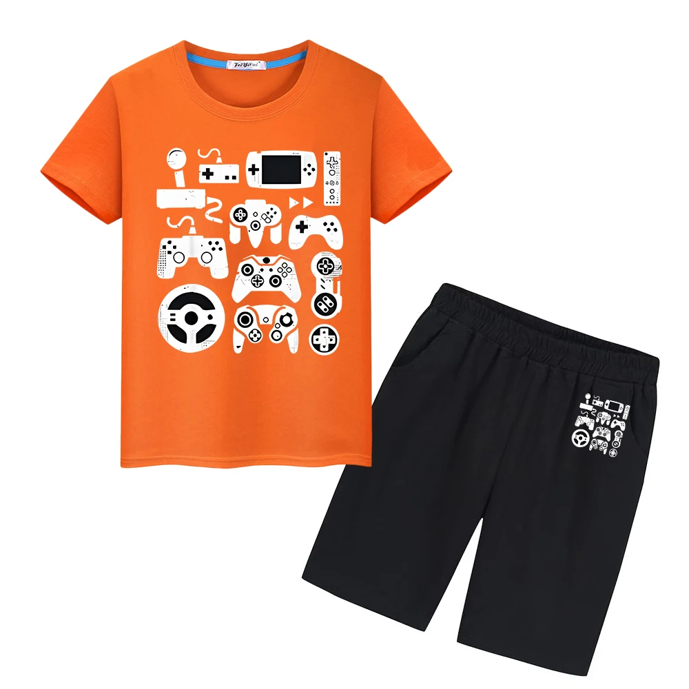 gamepad printing Summer T-shirt 100%Cotton Kawaii Tees Sports Sets Cute Tshirts kid holiday gift Tops+shorts boys girls clothes