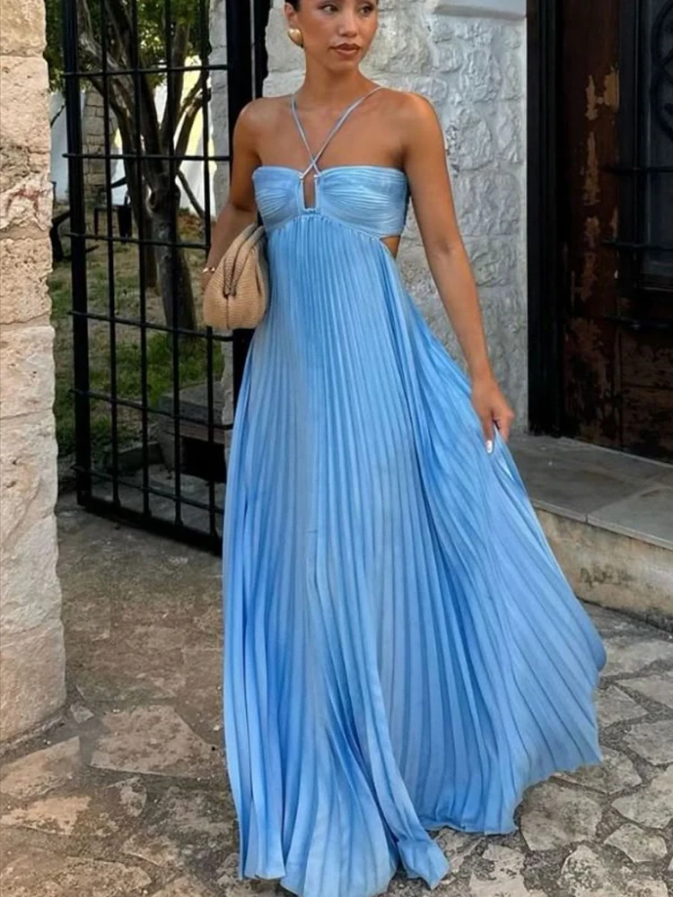 Robe longue plissée chic bleue pour femme, sans manches, dos nu, à lacets, pour l'été 2026, idéale pour la plage, les vacances et les soirées - Vestidos
