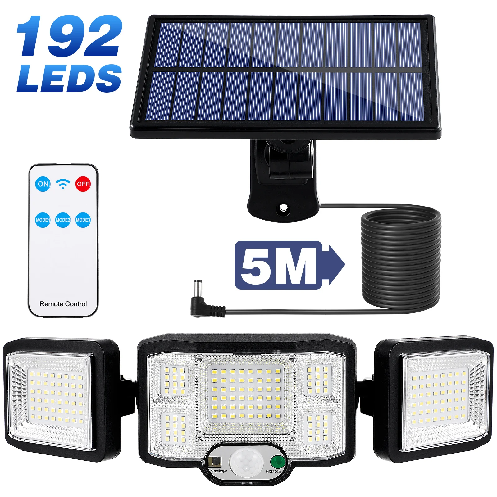 

192 LED Three Head Solar Light Outdoor Motion Sensor Garden Street Wall Lamp Remote Control 270 Degree Lighting