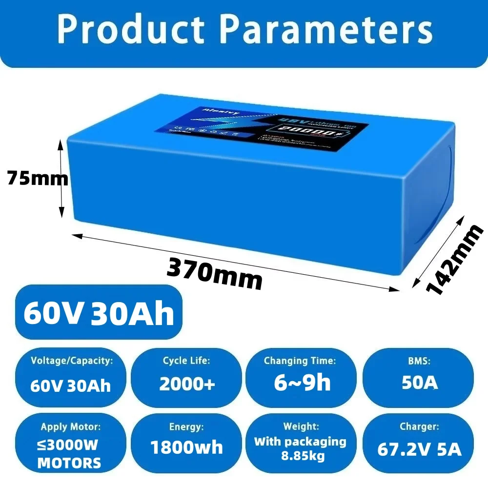 Long Range 60V 20AH 30AH Lithium Battery Pack 16S6P 16S4P, with 50A BMS for 1000W 2000W  Bicycle  Replacement