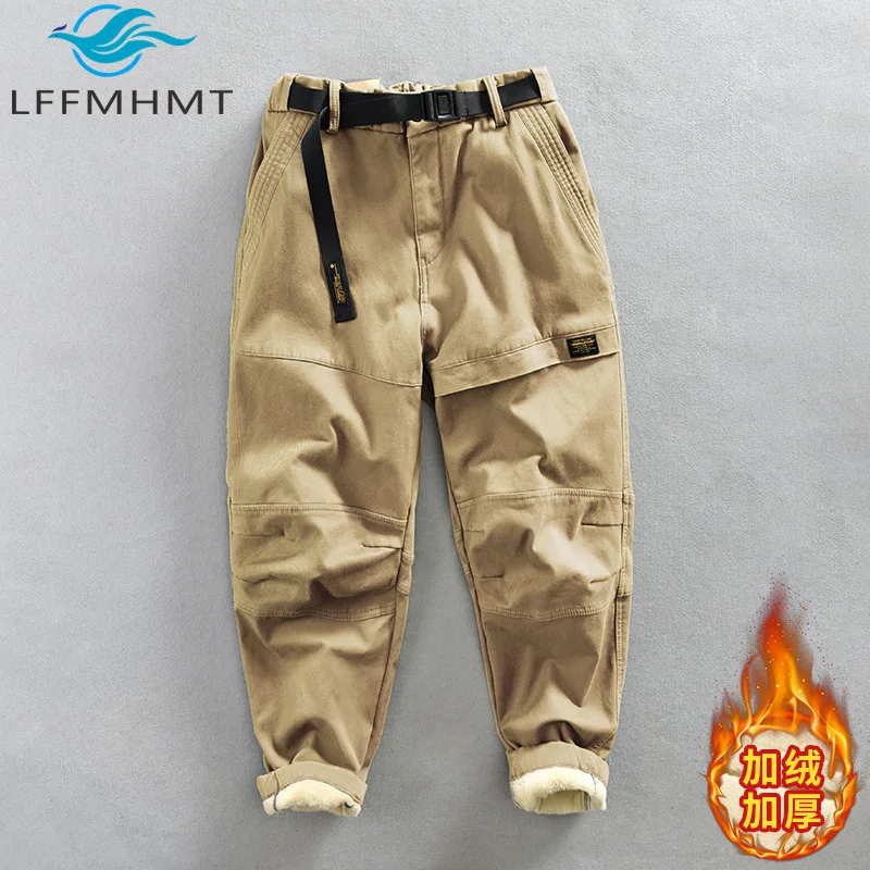 Z381 Winter Fashion Men's Thicken Fleece Warm Pants Good Quality Cotton Fabric Solid Color Basic Multi-pocket Cargo Trouser Male