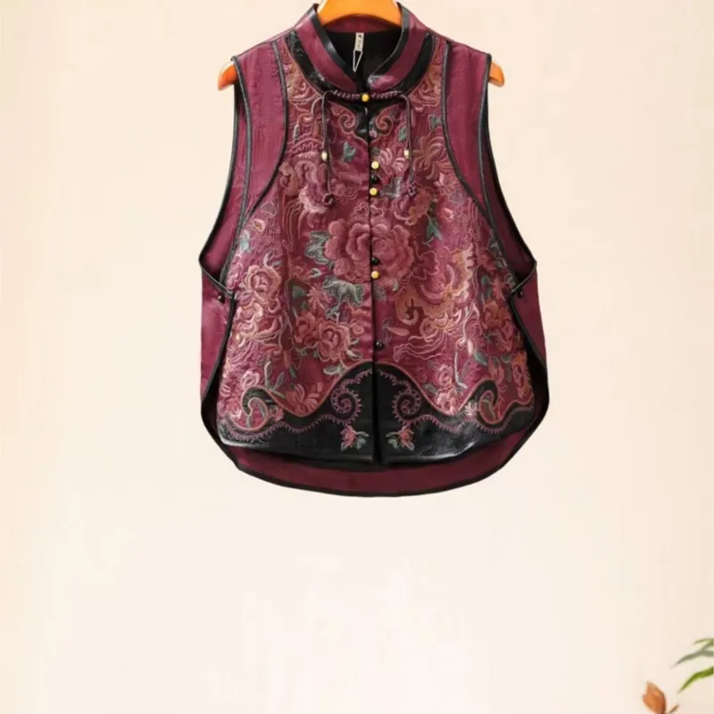 

New Chinese retro national style designer rayon jacquard front embroidered sleeveless vest