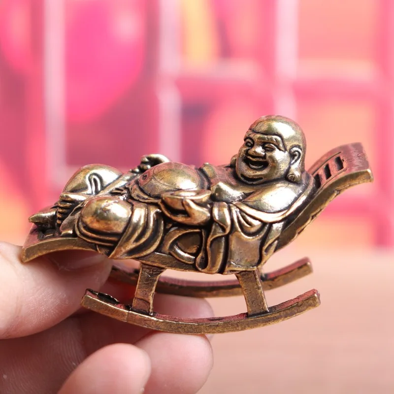 Vintage Brass Laughing Buddha Figurine Mini Happy Buddha on Rocking Chair Statue Desktop Ornament Retro Feng Shui view 3