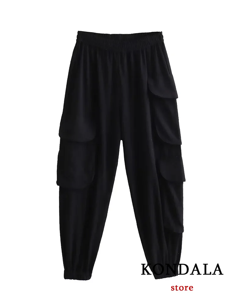 KONDALA Vintage Casual Chic Women Pants Black Solid Pockets Loose Straight Pants New Fashion 2023 Autumn Winter Holiday Trousers