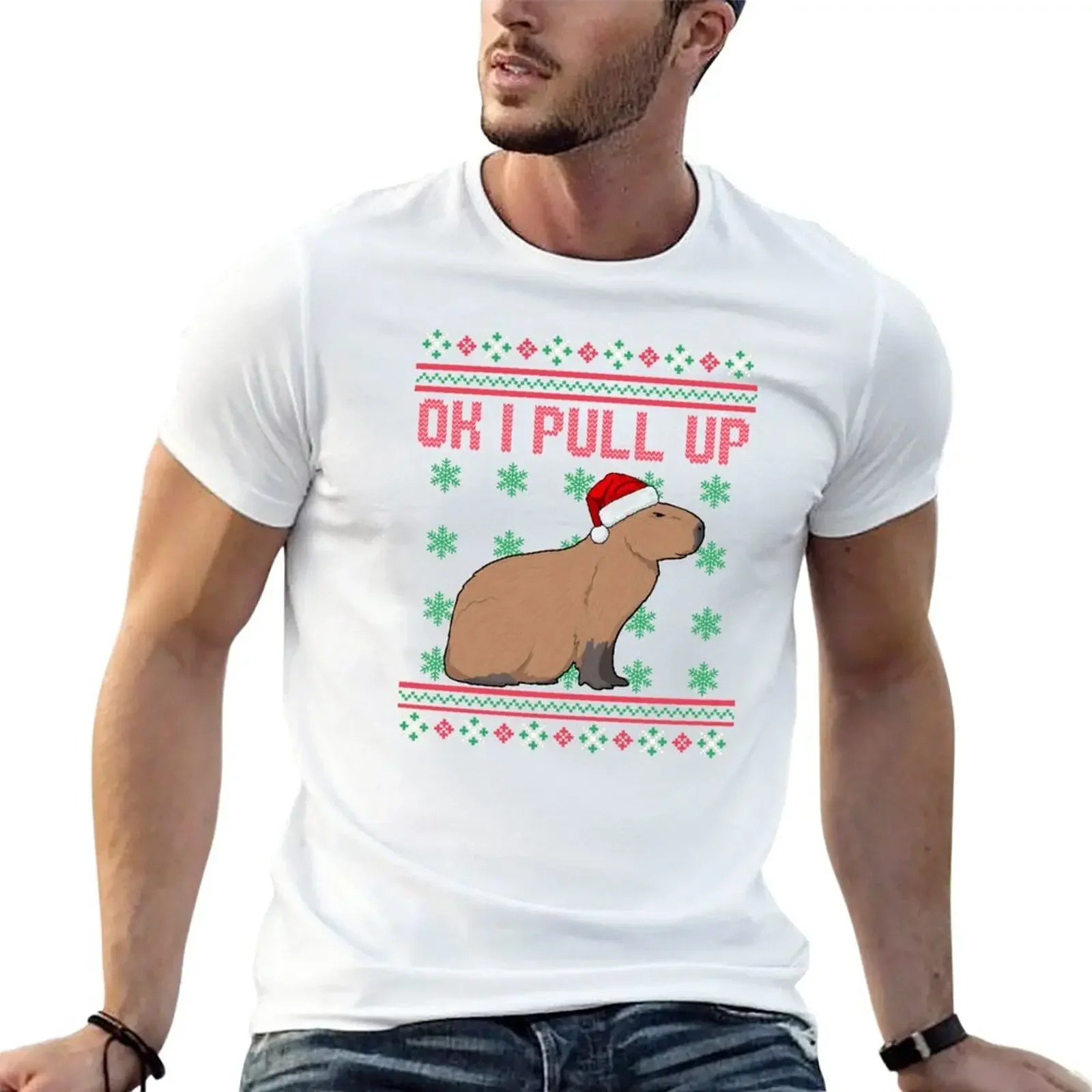 black t shirt anime clothes t shirts for men Ok I Pull Up Capybara Ugly Christmas Sweater Trending Meme T-Shirt 2024