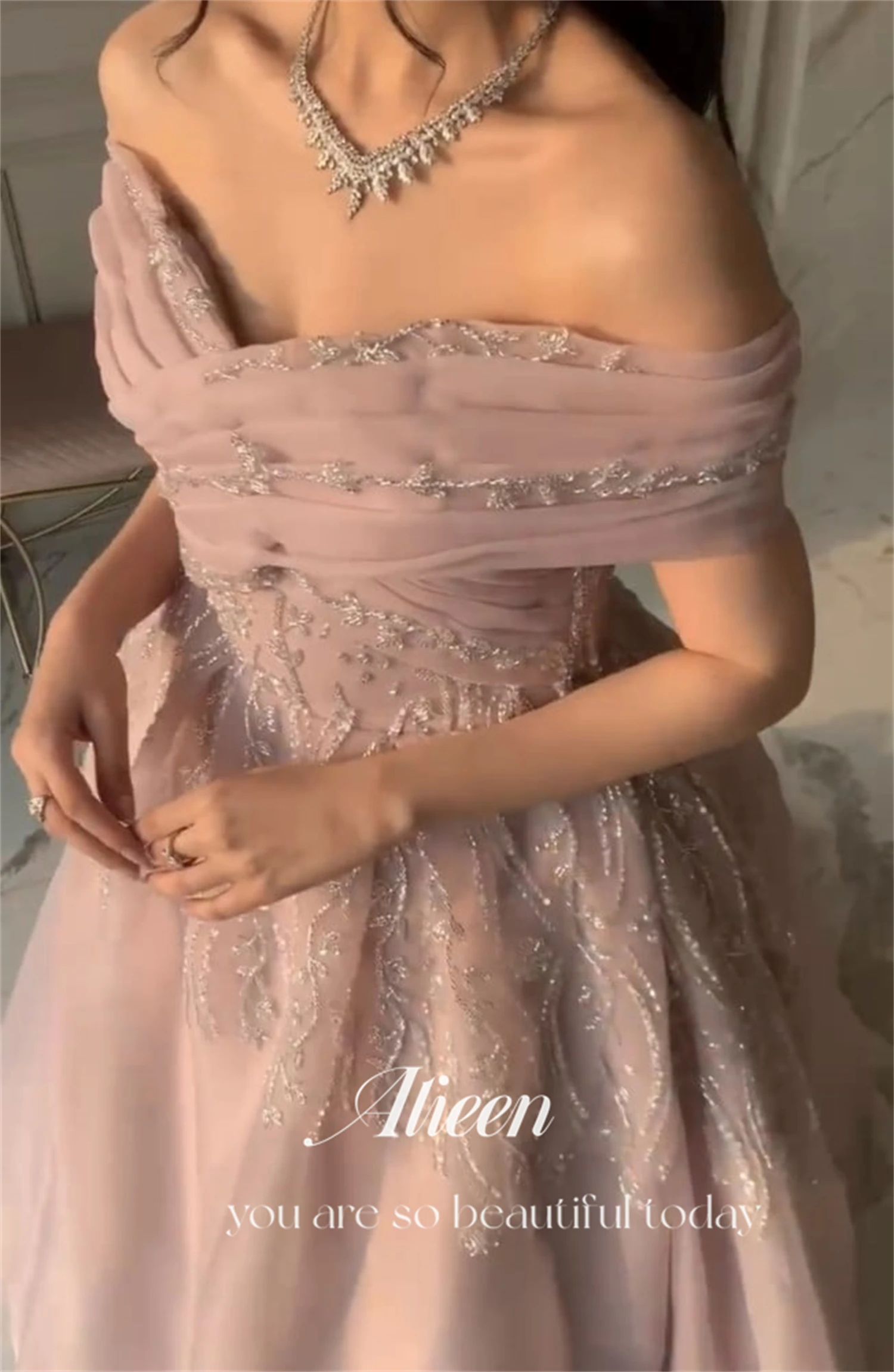 Aileen Lace Decoration Pink Line A Luxury Evening Dresses 2024 Gala Woman Special Occasion Female Dress Long Luxurious Elegant