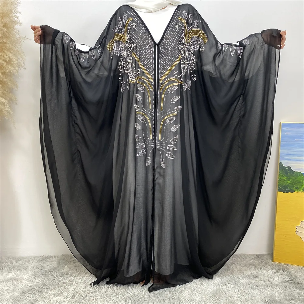 Luxury Rhinestone Muslim Women Open Abaya Kimono Maxi Dress Chiffon Boubou Dubai Cardigan Islamic Eid Gown Abayas Morocco Caftan