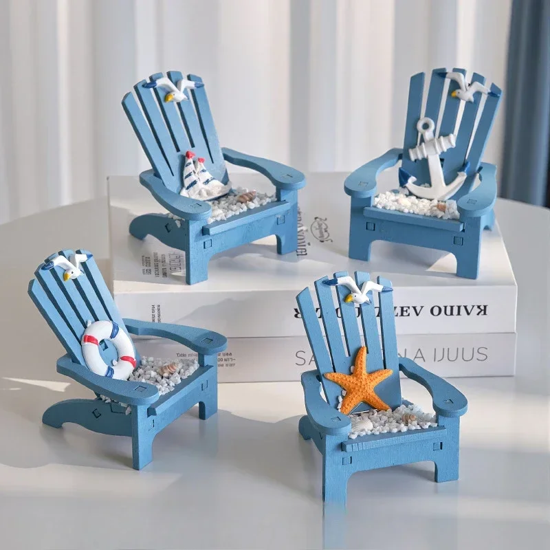Mediterranean Blue Mini Wood Beach Chair Figurines for Garden Dollhouse Desktop Beach Decor  Desk Decoration Room Decor