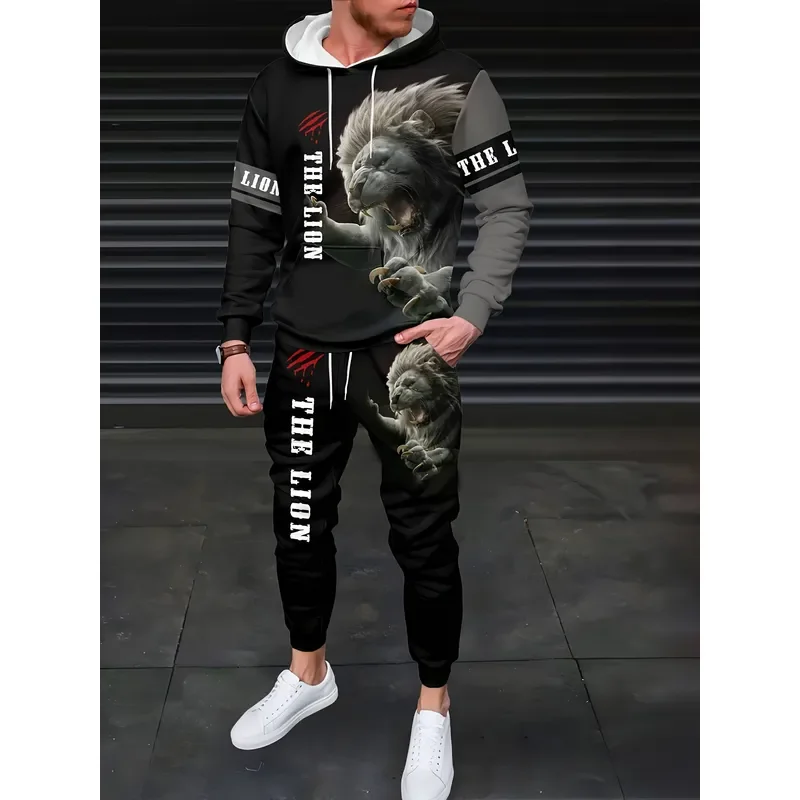 2026 Casual Sweater Sweatpants 2 Piece Set Trendy Lion Print Drawstring Outdoor Sportswear Tracksuit Women Men Fashion