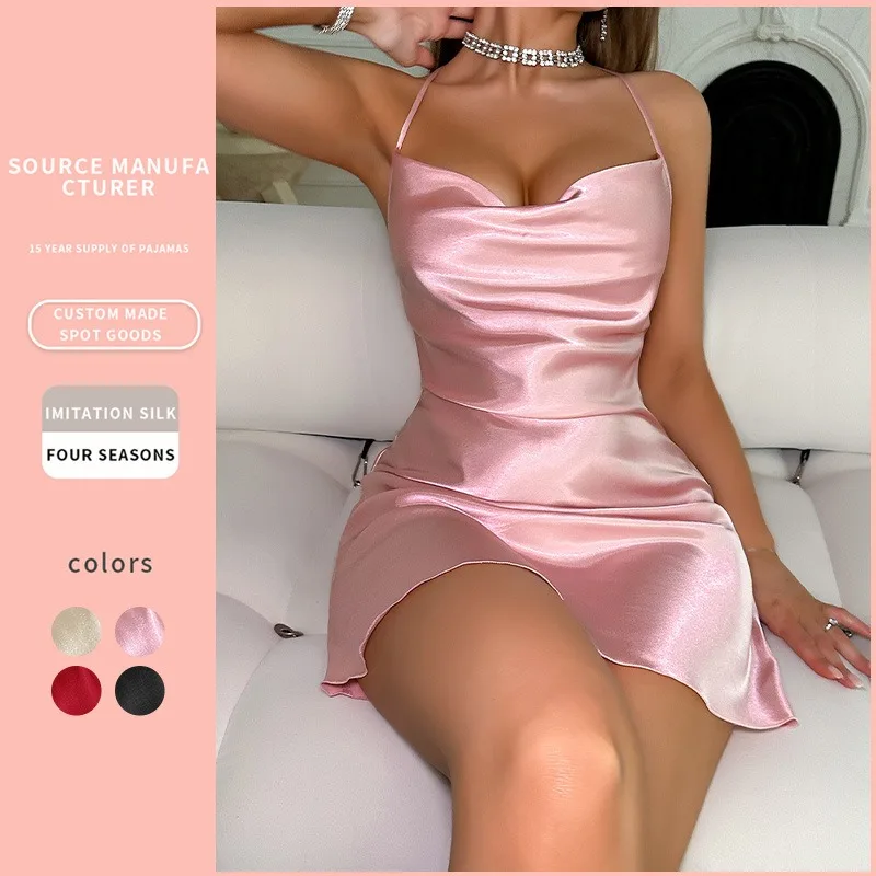 Cross-border Camisole Dress Fashion Ice Silk Satin Nightgown Imitated Silk Sexy Casual Backless Camisole Nightdress for Women