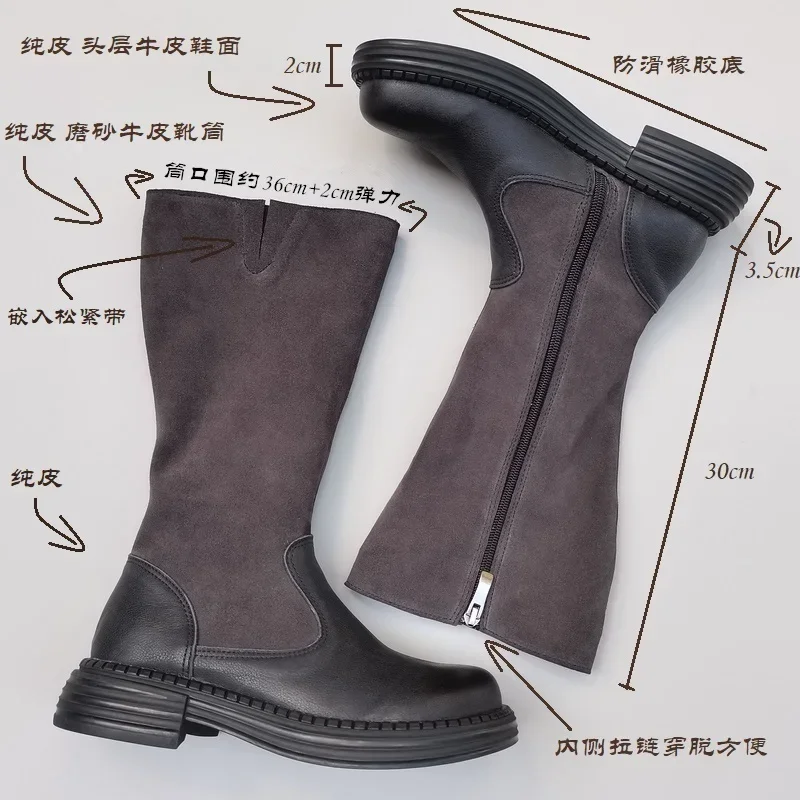 Careaymade-Hot Genuine leather large head wide edition women\'s warm boots High bootie round riding boots fat foot single boots