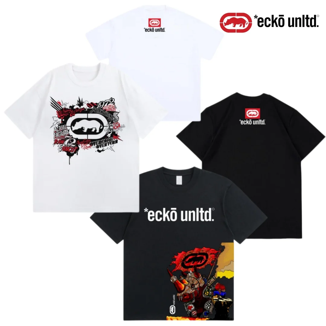 ECKO 2026 American Trendy New Red Rhino Front and Rear Pattern T-shirt, Men's and Women's Street Fashion Pure Cotton Hip Hop Rap