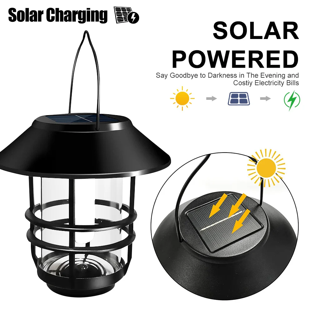 Solar Flame Hanging Lantern Flickering Flames Lights Outdoor Waterproof  Solar Powered Wall Mounted Lights Fence Patio Porch Gar