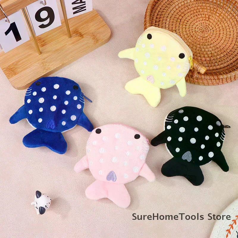 Cute Cartoon Shark Plush Coin Purse Zipper Zero Wallet for Kids Soft Animal Pendant Data Cable Bag Storage Pouch Girls Boys Gift