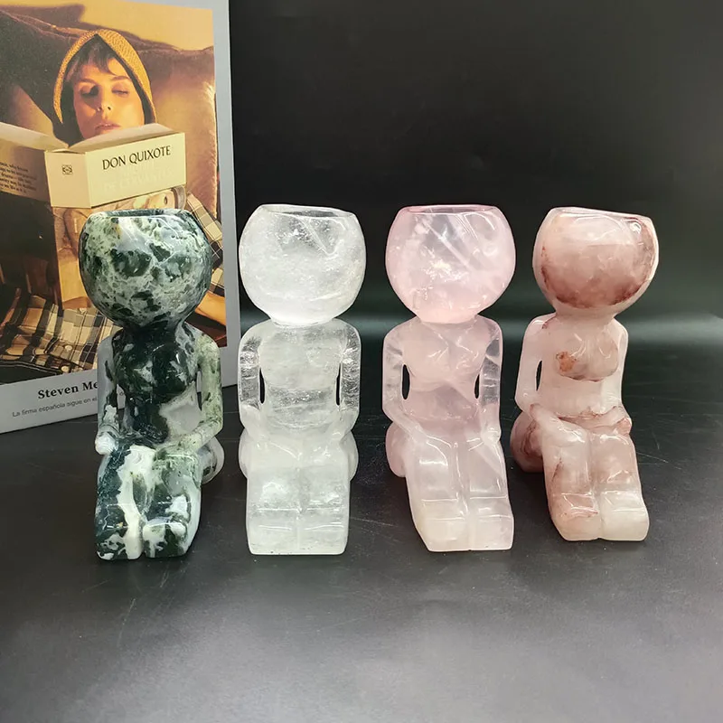 

Rose Quartz Moss Agate Human Shaped Candle Holders Healing Quartz Crystal Candle Holder Carvings for Wedding Gift