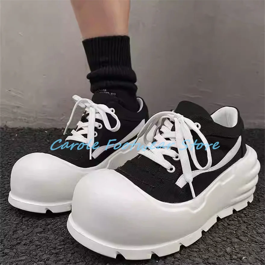 

Bread Round Toe Chunky Bottom Sneakers for Men Fashion Mixed Color Breathable Canvas Shoes Male Lace-up Casual Sport Shoes