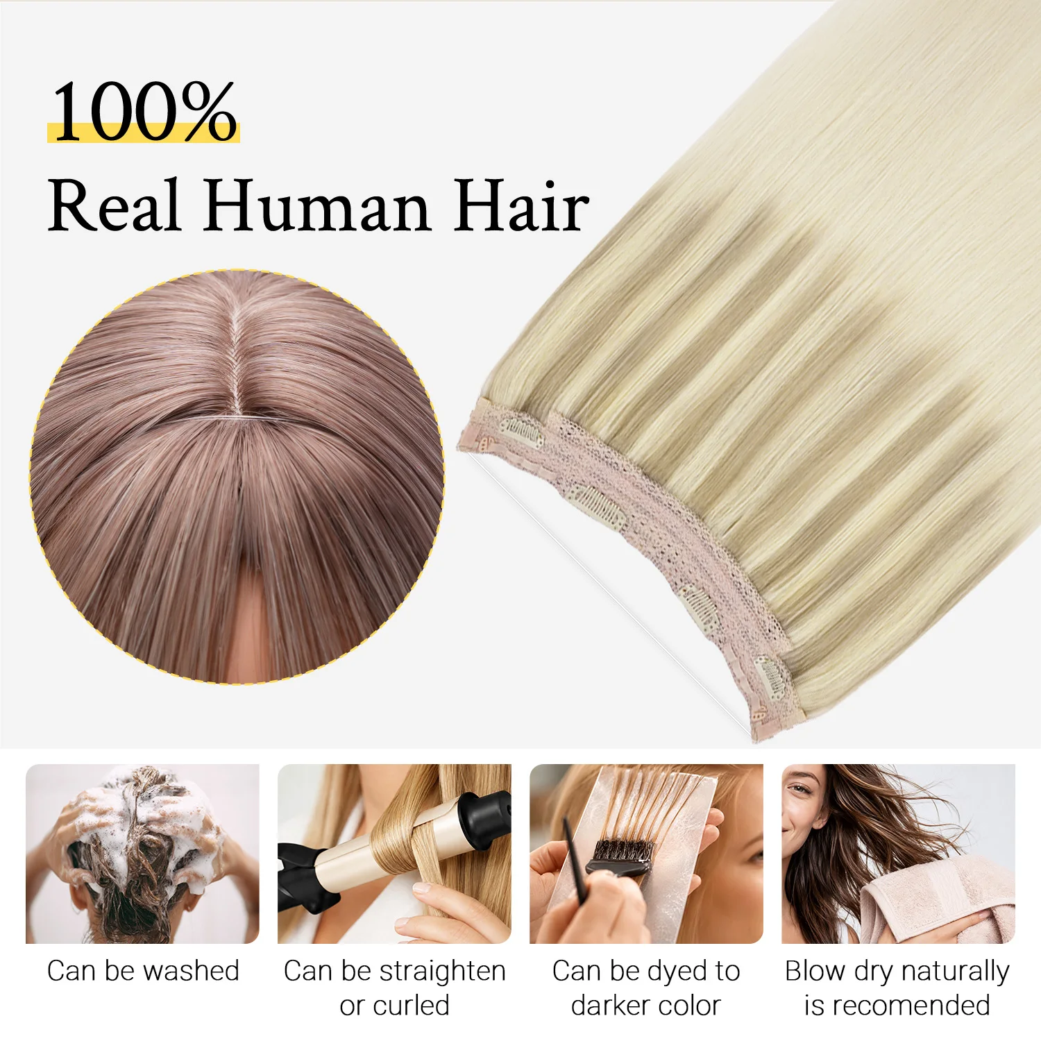 Sunmofavo Wire Halo Hair Extensions Real Human Hair Fish Line with 4 Secure Clips Golden Ombre Gradient for Women Daily Wear