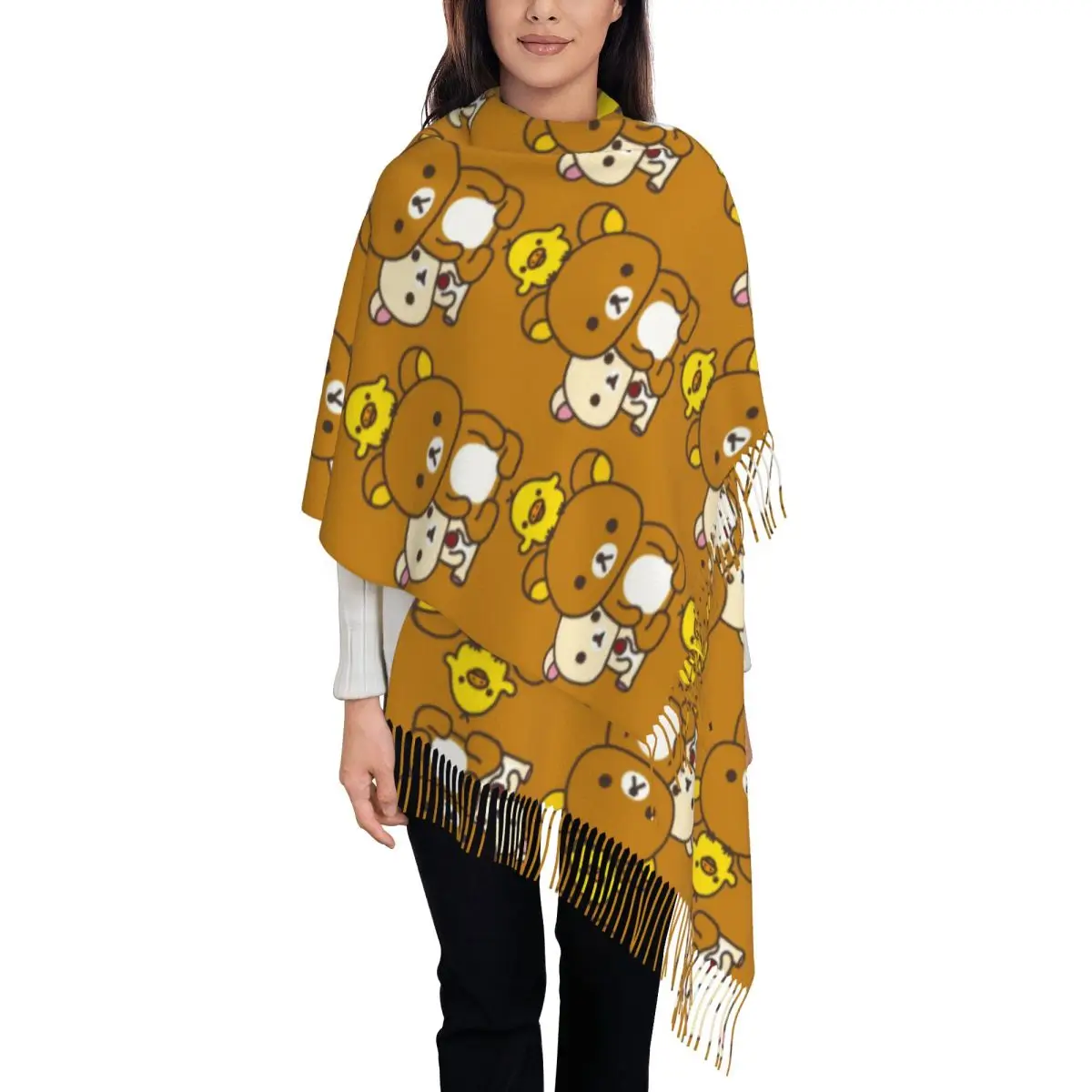 

Custom Ladies Large Rilakkuma Kiiroitori Scarves Women Winter Soft Warm Tassel Shawl Wraps Scarf