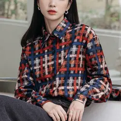 Retro Printed Women's 2024 Autumn Winter New Spliced Polo Collar Button Plaid Fashion Loose Casual Long Sleeve Blouses Shirts