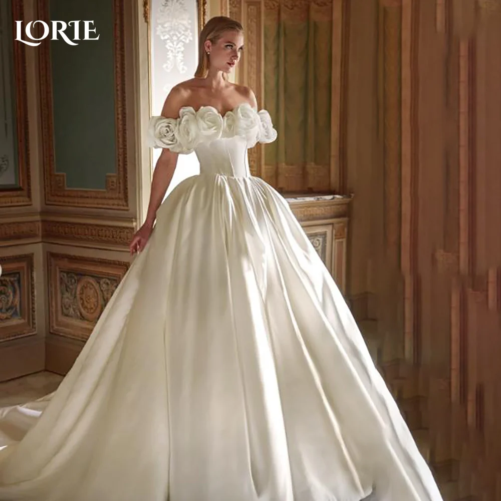 

LORIE Vintage Wedding Dresses 3D Flower Off Shoulder Shiny Satin A-Line Ivory Bridal Gown Pleats Princess Bride Dress Customized