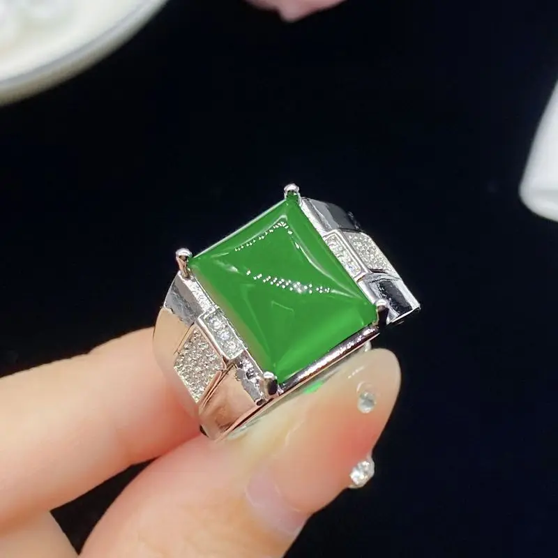 Simulated natural ice-like jadeite beryl gemstone men's ring - high-end full-diamond fashionable jewelry
