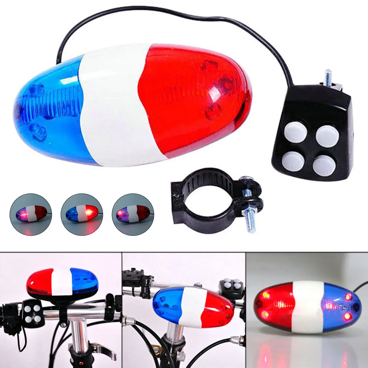 Campainha de bicicleta led, luz de carro de polícia, sirene de buzina eletrônica, 4 sons de tom, luz traseira traseira, lâmpada de bicicleta, acessórios de ciclismo