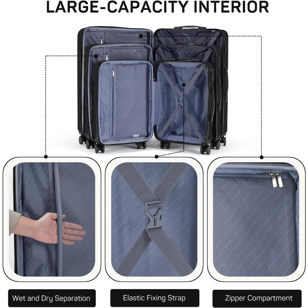 Conjuntos de bagagem de viagem 20-24-28 polegadas, preto, durável e elegante para todos os viagens