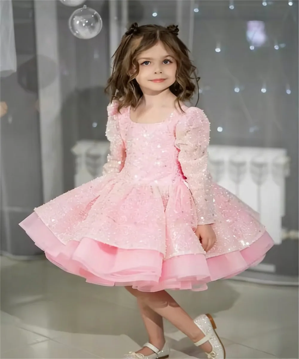 Luxe bloemenmeisje trouwjurk lovertjes met strik volledige mouwen knielengte kinderverjaardagsfeestje eerste communiejurk op maat