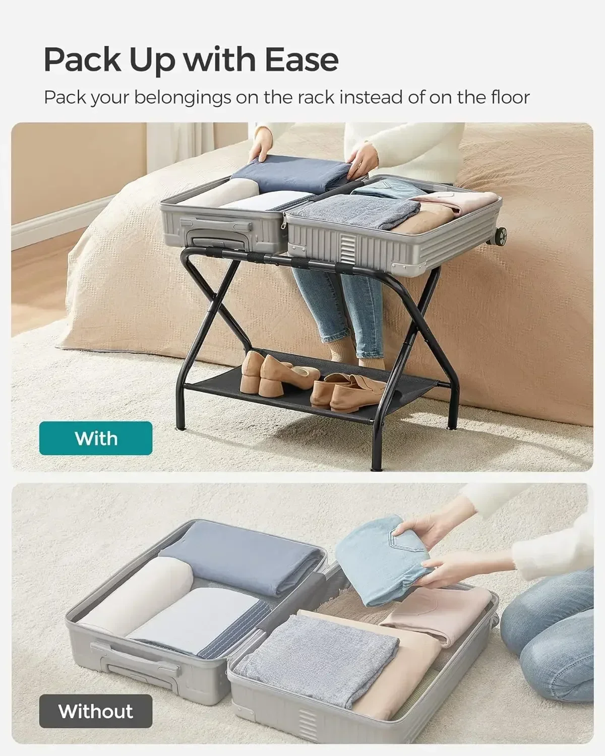 [XMSJ] رفوف الأمتعة، مجموعة من 2، حامل حقيبة مع رف تخزين من القماش، لغرفة الضيوف، غرفة النوم، الفندق، إطار فولاذي قابل للطي