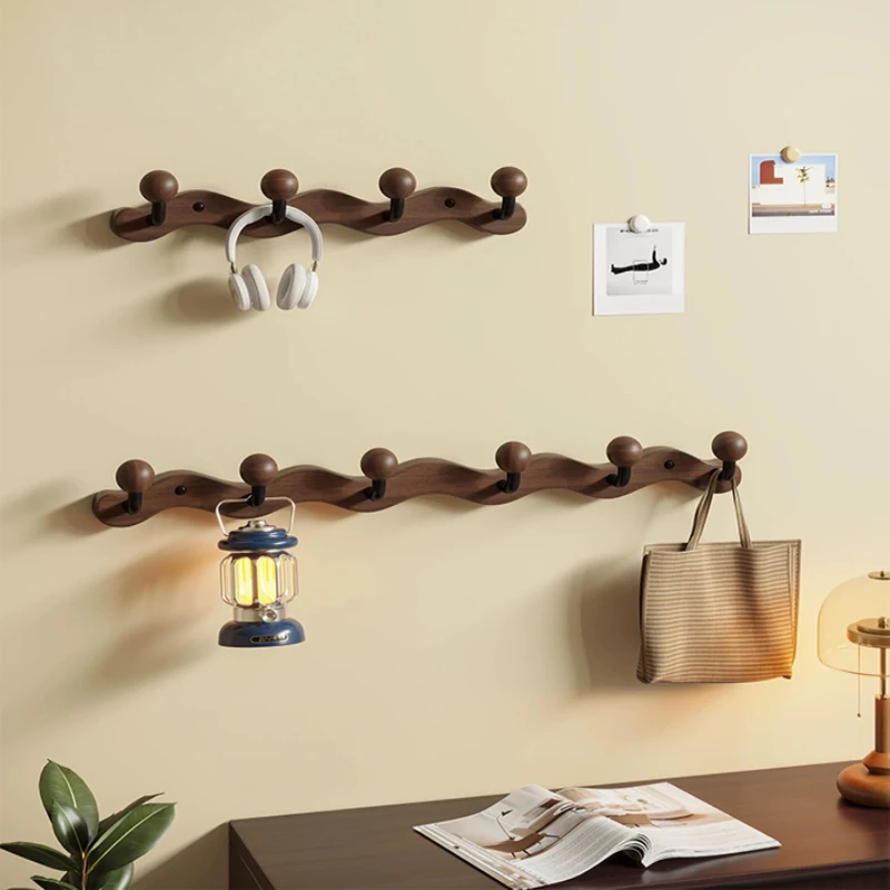 Solid Wood Clothes Rack Wall-mounted Coat Rack Entryway Entrance Room Bedroom Key Drill-Free Adhesive Hook Rail Coat Hat Racks