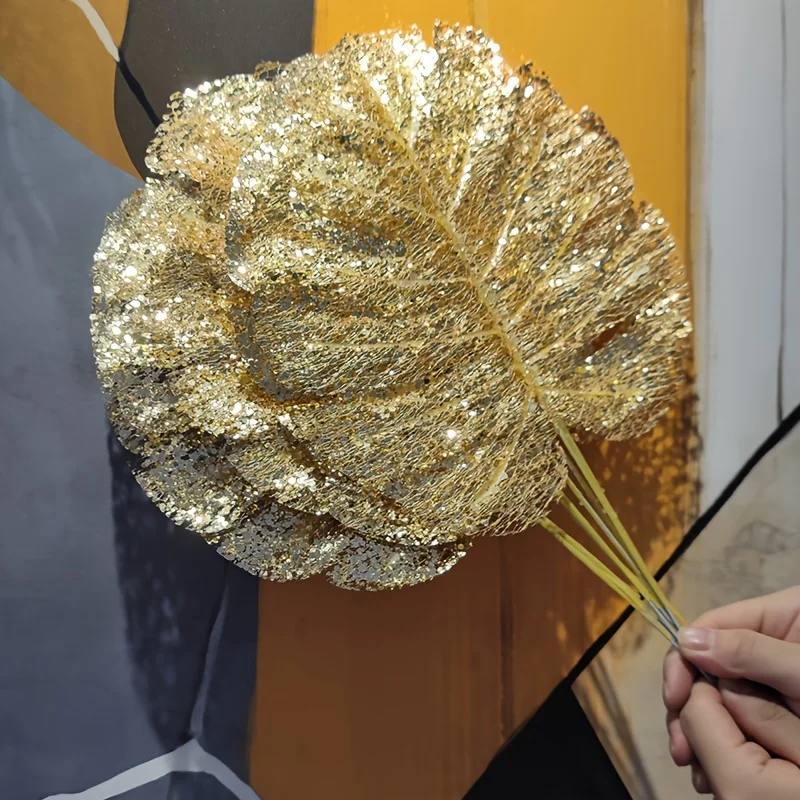 6pcs Artificial Golden Turtle Leaves, Faux Loose Tail Fake Plant, Wedding Birthday Party Home Decor Palm Leaves