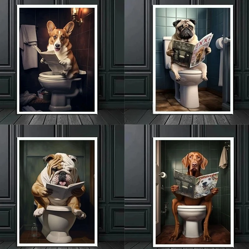 Funny Corgi Pug Dog Sit On Toilet Read Newspaper Print Poster Canvas Painting Cute Animal Wall Art For Bathroom Home Decor