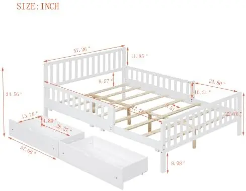 Kids Full Bed Frame with Storage Drawers and Both Sides Guardrails, Kids Platform Bed with Headboard and Slat Support,