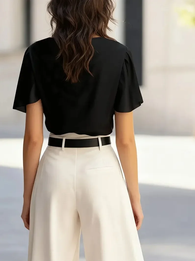 Women Draped Cowl Neck Satin Blouse Short Split Sleeve Solid Color Elegant Office Work Shirt