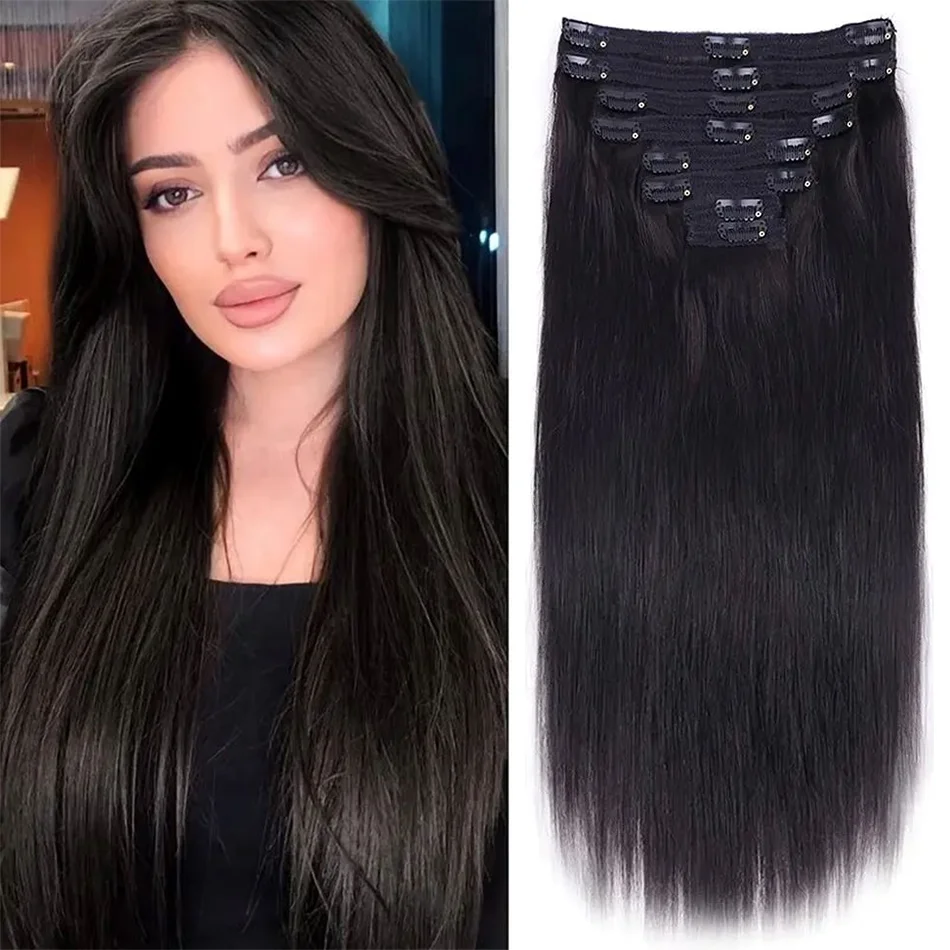 

Straight Clip in Hair Extensions Per Set with 120G Double Weft 8 Pcs Brazilian Virgin 100% Human Hair Natural Black For Women