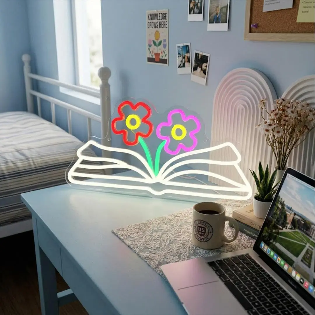 Open Book With Flowers LED Neon Sign USB Neon Light Aesthetic Wall Lamp For Library Study Room Bedroom Classroom Home Decor Gift
