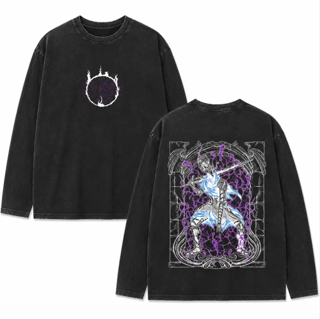 Gothic Dark Warrior Graphic Long‑Sleeve T‑Shirt Men Vintage  Black Tees Front Back Print Streetwear Unisex Tops