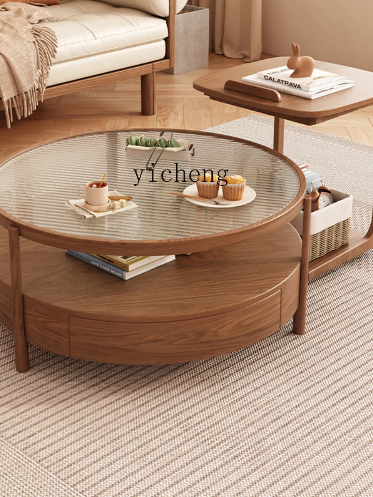 Xl Household Small Apartment Double Layer Solid Wood round Side Table Japanese Changhong Glass Tea Table