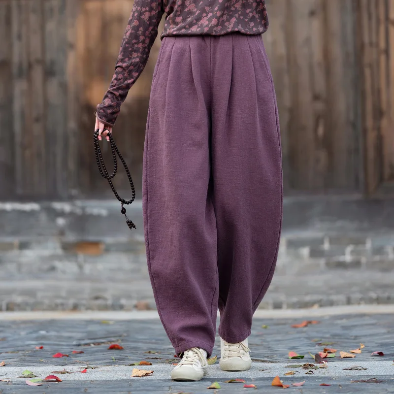 

Утепленные зимние женские повседневные брюки из хлопка и льна с флисовой подкладкой, художественный дизайн, низкая талия, новинка