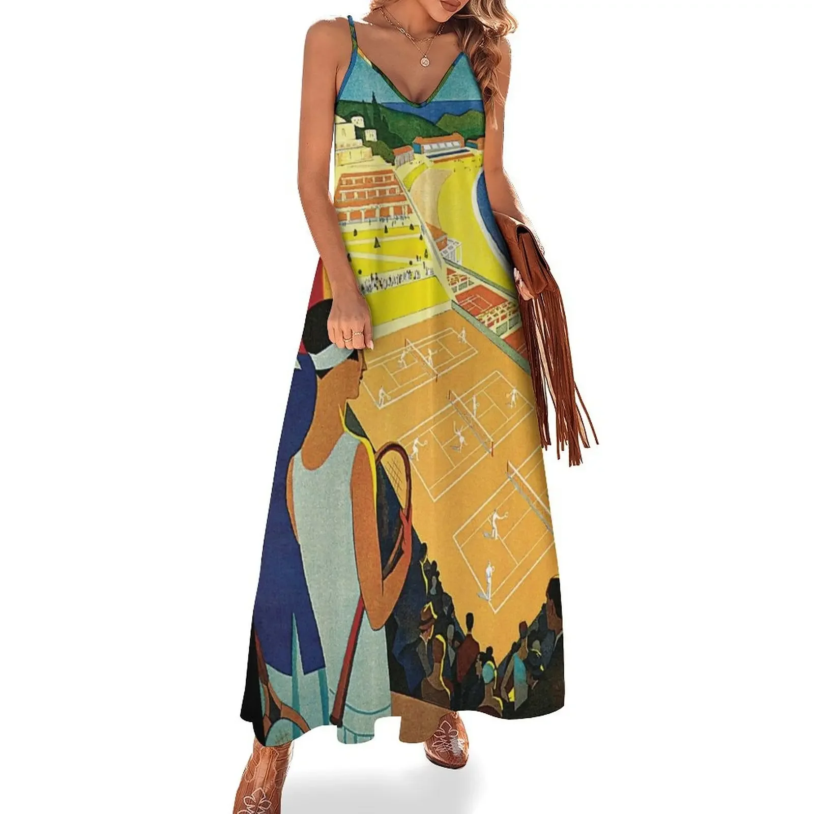 

1920s Vintage Monte Carlo Tennis Travel Ad Sleeveless Dress women's summer dress 2025 ladies dresses for women 2025 Dress