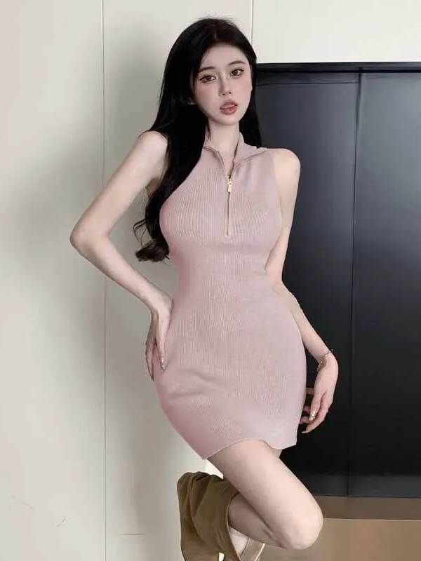 2024 Summer Fashion Sexy Flip Collar Sleeveless Zipper Slim Knitted Dress Women Cinching Waist Wrap Hip Solid Short Dress LPR4