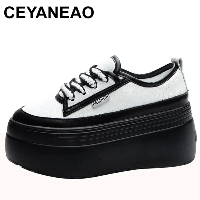 

9cm Cow Genuine Leather Autumn Summer Spring Platform Wedges Vulcanized Lace Up Casual Women Chunky Sneakers Lady Shoes