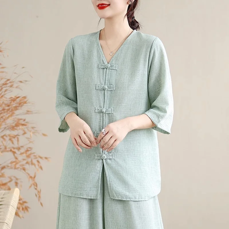 Moda algodão e cânhamo yoga conjunto de roupas 2025 outono novo chá roupas topo linho calças perna larga duas peças roupa para mulher w1214