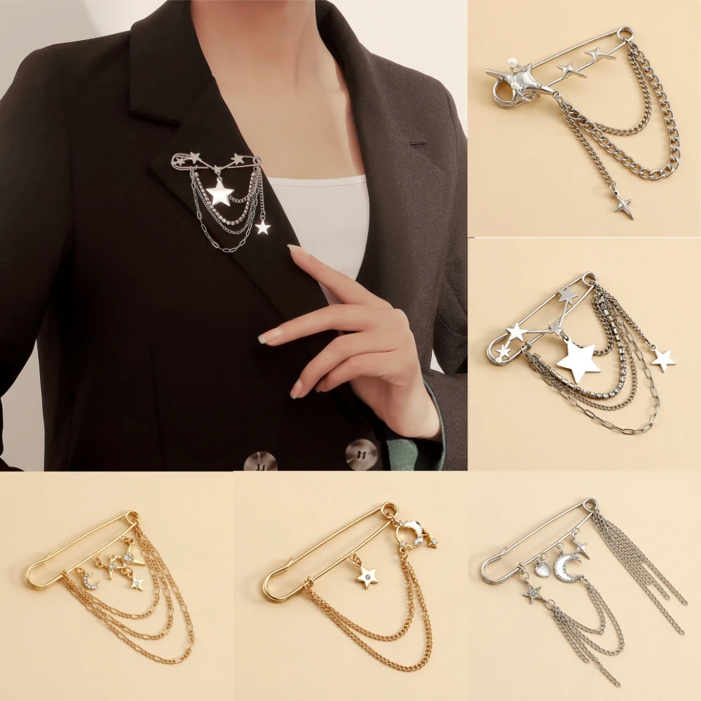 Korean Style Metal Star Chain Brooch for Women Men Suit Decoration Tassel Chain Metal Beads Pin Cloth Jewelry Accessories