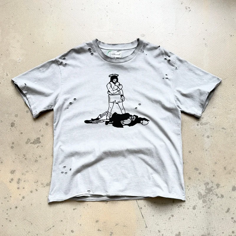 26SS Streetwear Retro Distressed High-Quality Crew Neck T-Shirt Comic Print Summer Men's Women's Cotton Short-Sleeve T-Shirt