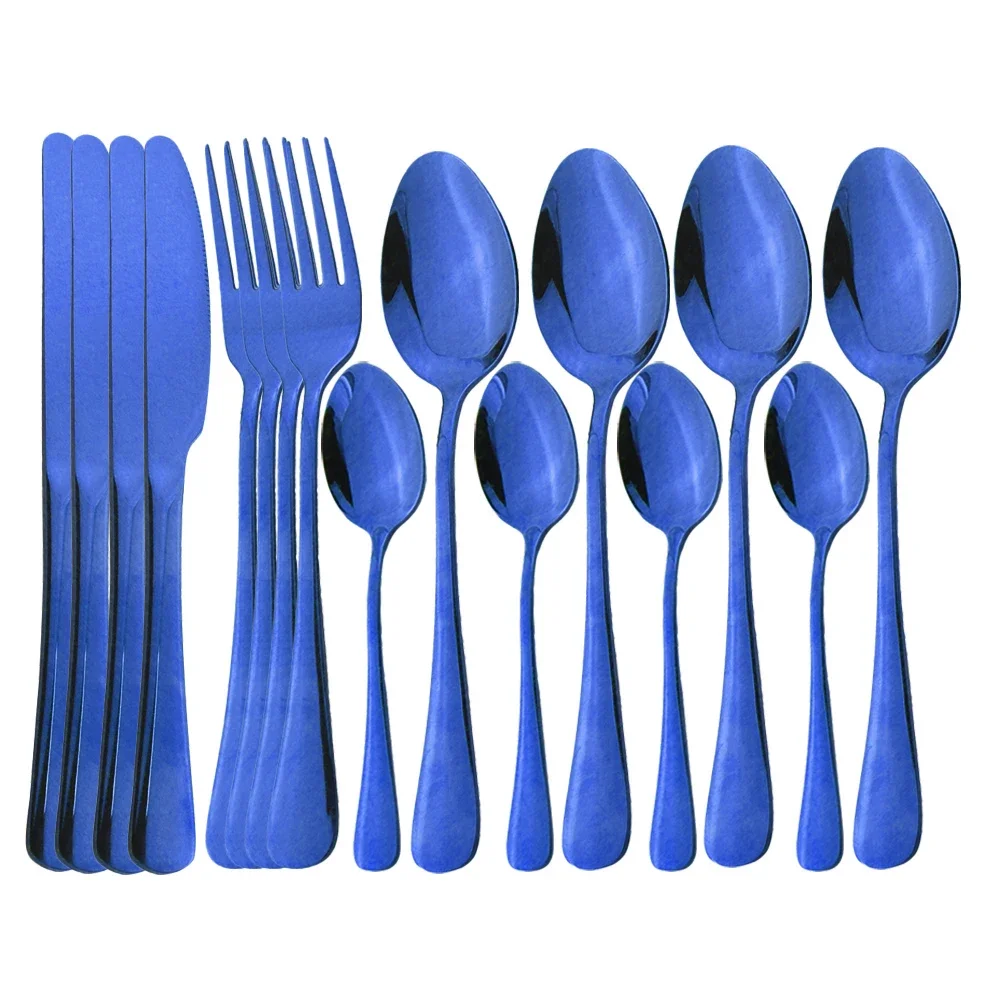 8/16Pcs Blue Dinnerware Stainless Steel Tableware Fork Spoon Knife Dinner Set Kitchen Black Cutlery Set Silverware
